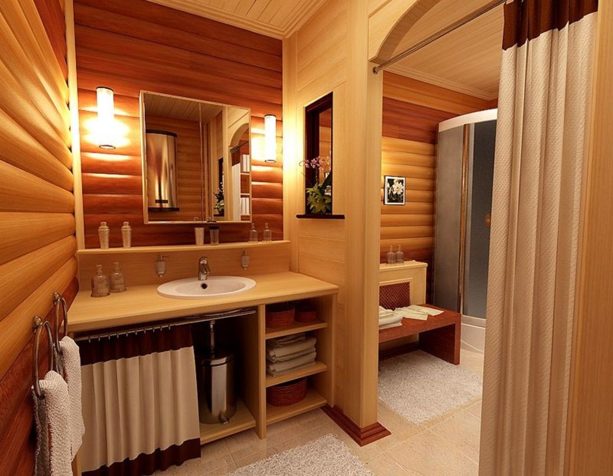 Salle de bain dans une maison en bois (75 photos): solutions intéressantes pour l'aménagement, comment réparer une salle de bain dans une maison de campagne, décoration et design à faire soi-même