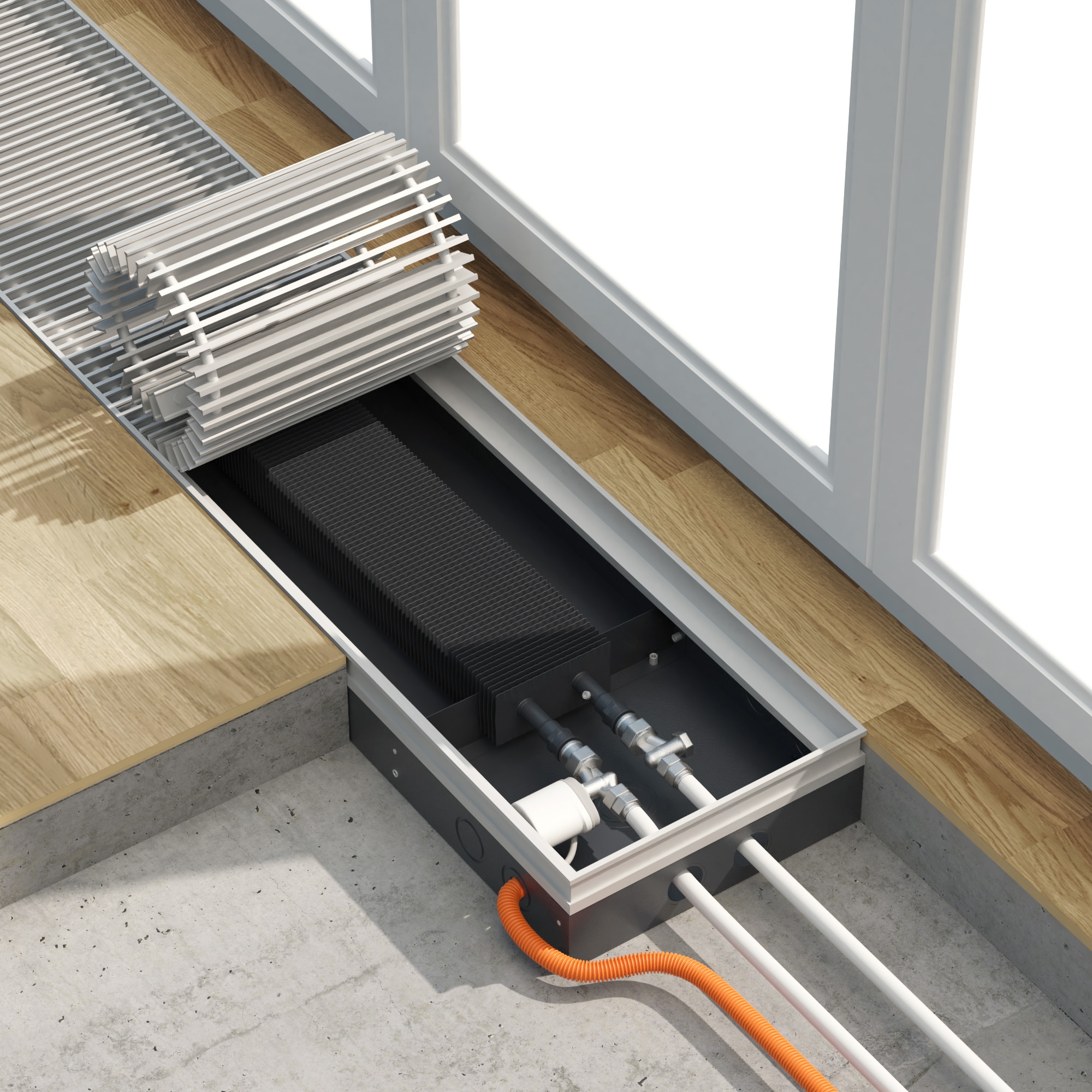 Convecteurs de chauffage au sol à eau: types, caractéristiques d'installation et disposition