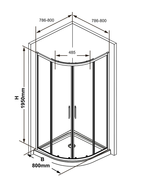 Dimensions des cabines de douche d'angle : options avec paramètres 90x90, 100x100, 80x80, 120x80, 100x80, 70x70, cabine de douche avec receveur 120x80
