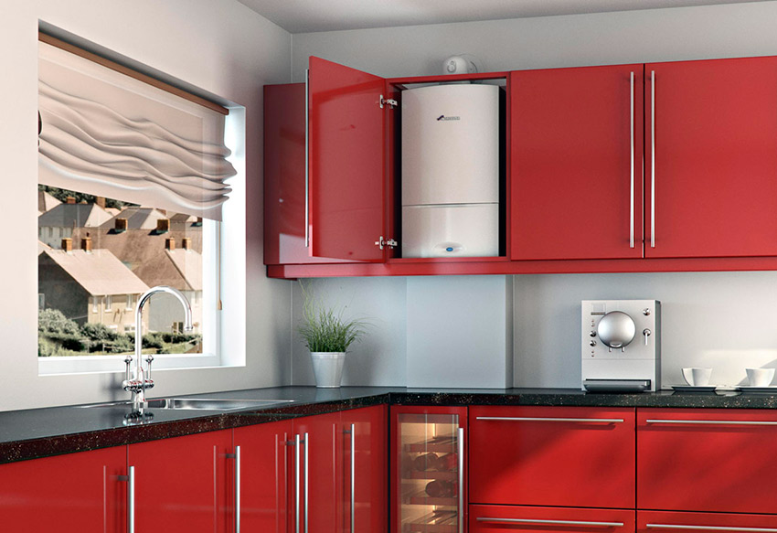 Comment cacher une chaudière à gaz dans la cuisine: une photo d'une conception de cuisine avec une chaudière à gaz