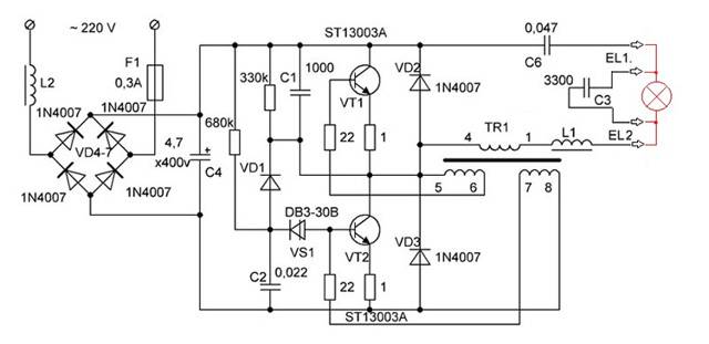 Starter pour lampes fluorescentes: but et schéma de connexion d'une lampe fluorescente avec un starter