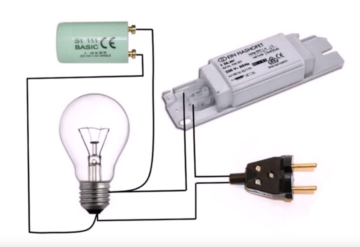 Starter pour lampes fluorescentes : appareil, objectif + schéma de connexion