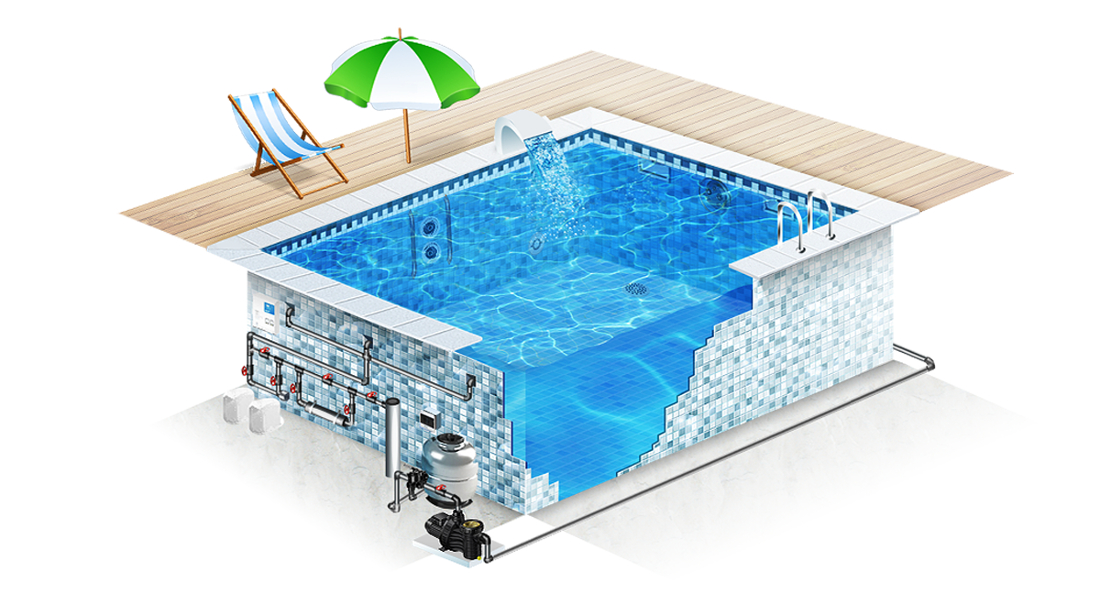 Equipement pour piscines : sélection pour le traitement de l'eau des piscines extérieures pour enfants. calcul d'équipement pour une structure en béton dans un bain