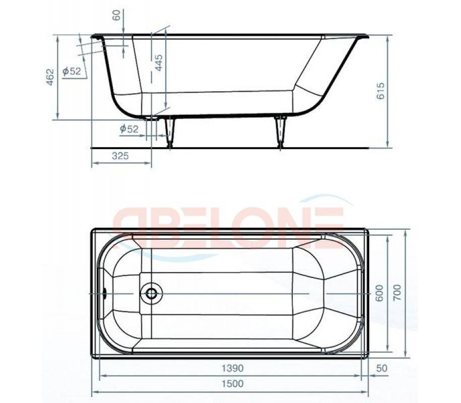 Dimensions des baignoires en acrylique: dimensions des options avec cadre, produits aux paramètres 150x70, 180x80, 120x70 et 140x70 cm, baignoire rectangulaire aux dimensions de 170x80, 160x70, 180x70 cm